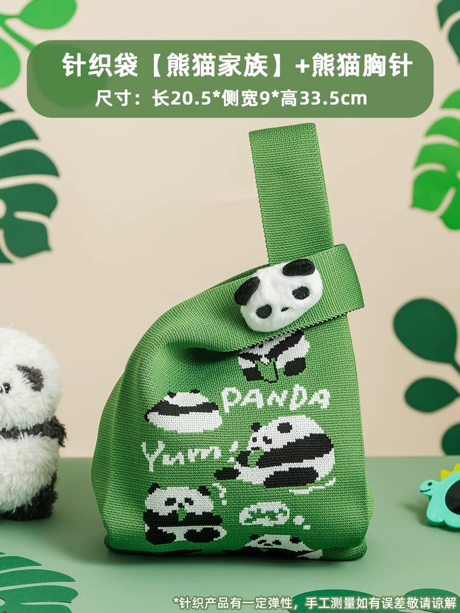 熊猫文创|针织包 手提包(1个):熊猫家族 图案